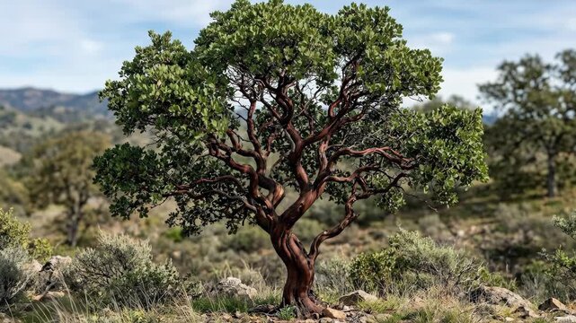 Dr. Hurd manzanita with twisting branches and dense evergreen foliage, frontal isolated ornamental tree set with rugged natural elegance, ultra-realistic, no logos.