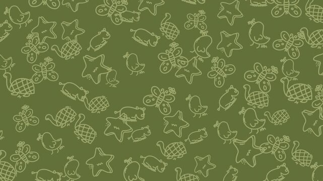 Seamless looping animation of cute doodle animals in playful pattern style. Ideal for kids backgrounds, nursery design, educational content, and creative projects with soft motion