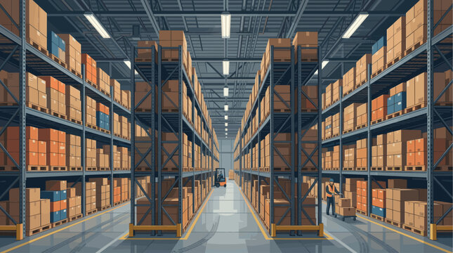 Interior view of a large warehouse with high shelves stacked with cardboard boxes and pallets, illuminated by fluorescent lights, showing a forklift and worker.