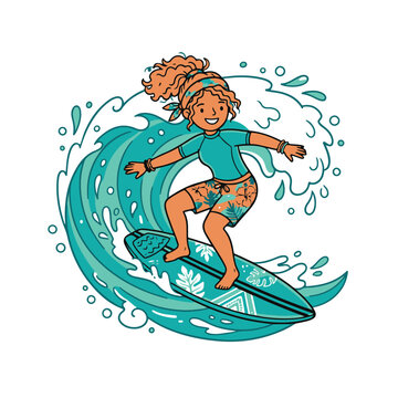 Young girl surfing on wave board.