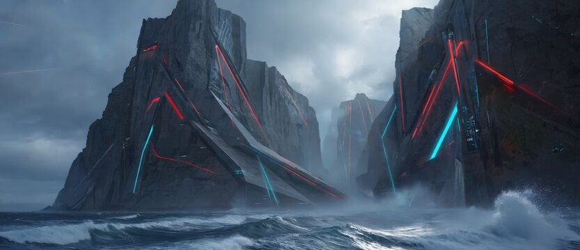 Epic futuristic coastline with massive geometric megastructures and energy fields interacting with ocean waves, red sand beach and glowing reflections, cinematic ultra wide 8K sci-fi landscape for tec