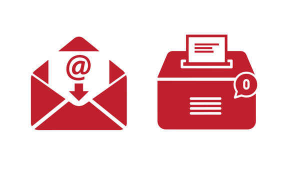 Red of email and printer on white background, with notification symbols envelope