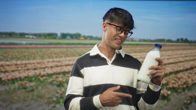 Young hispanic man holds milk bottle and points finger to bottle in a field wearing glasses and striped shirt; curiosity.
