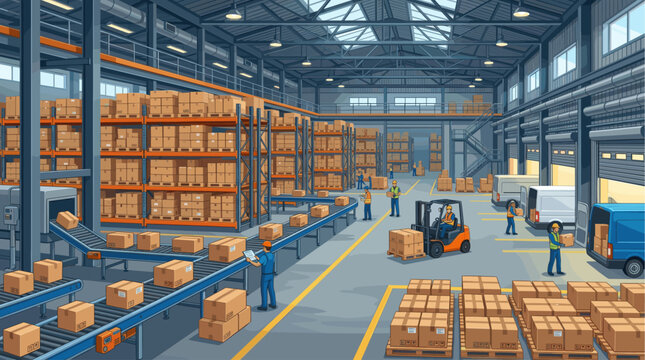 Busy warehouse interior scene with workers moving boxes on conveyor belts, using a forklift, and loading vans.
