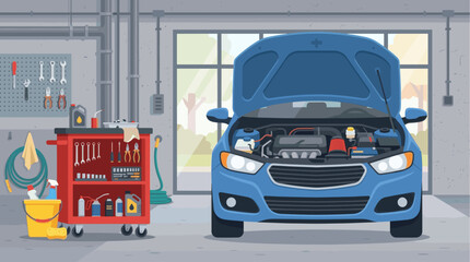 Fototapeta premium A blue car with its hood open in a garage, showing the engine, with a red tool cart filled with car repair tools and cleaning supplies nearby.