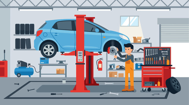 A male mechanic wearing orange overalls works on a blue car elevated on a red hydraulic lift inside a clean, well-lit auto repair garage.