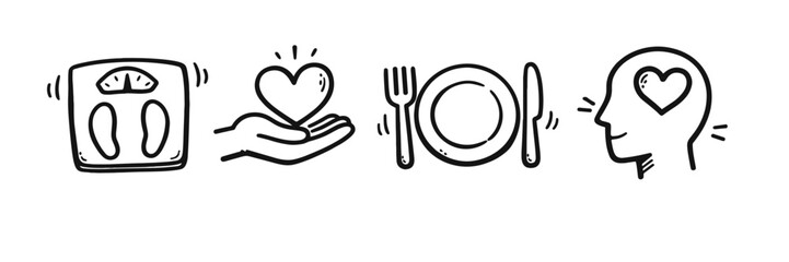 Obraz premium Healthy lifestyle doodles: scale, heart, food, mindful eating