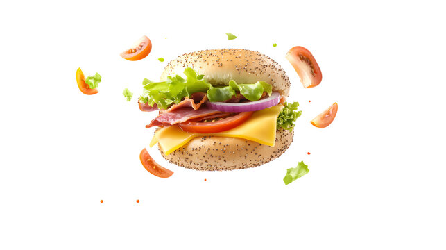 Burger sandwich with ingredients flying around lettuce onion tomato