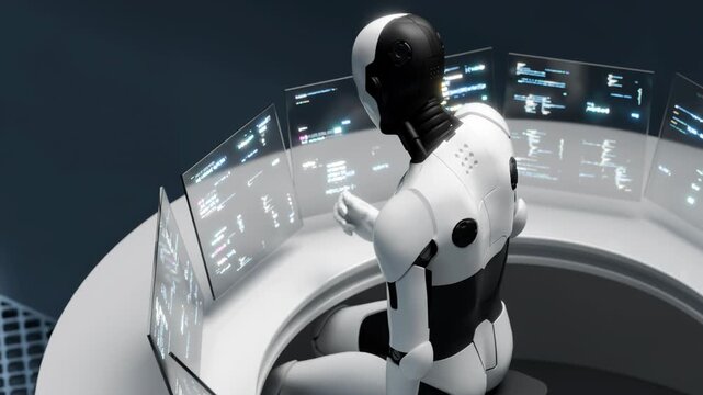 Looping robot in server room monitors systems via futuristic interface