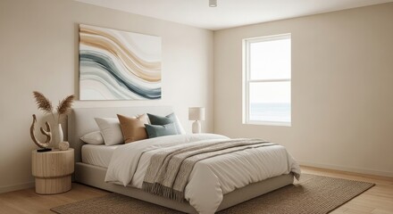 Fototapeta premium Serene coastal bedroom design relaxing beach house style with neutral tones and natural textures