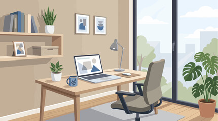 Fototapeta premium A clean and modern home office with a wooden desk, chair, laptop, lamp, and plants by a large window overlooking greenery.