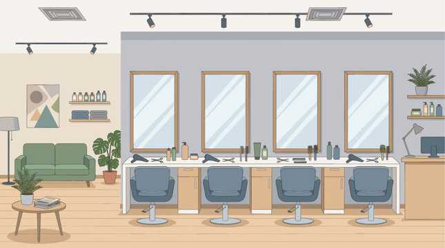 A clean, minimalist illustration of a hair salon interior featuring barber chairs, mirrors, hair dryers, scissors, and styling products, ready for clients.