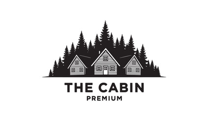 Obraz premium Cabin logo with pine forest silhouette and three stylized houses above the text THE CABIN PREMIUM featuring rustic branding, lodge, woodland with