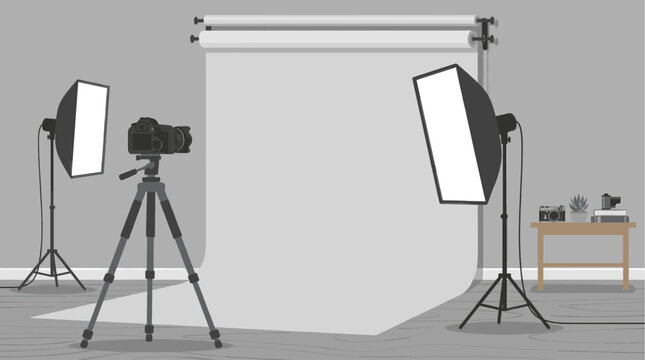A minimalist illustration depicts a professional photo studio setup featuring a camera on a tripod, softbox lights, and a backdrop.