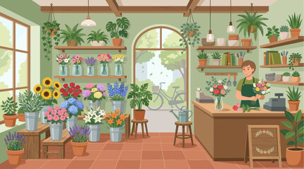 Fototapeta premium A friendly florist arranges a colorful bouquet of roses and other flowers inside a charming, plant-filled flower shop with a sunny window view.
