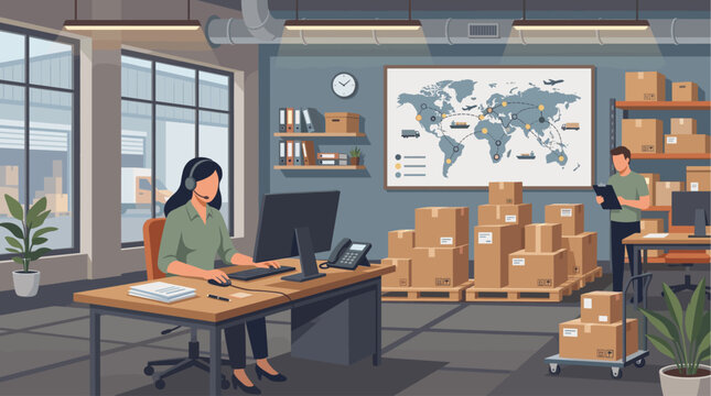 A busy logistics office scene with a woman at a computer and a man checking a clipboard, surrounded by boxes and a world map.