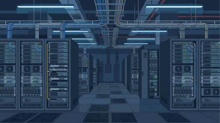 Fototapeta premium A digital illustration of a modern server room with rows of racks, complex cabling, and blue fluorescent lights, conveying technology and data storage.