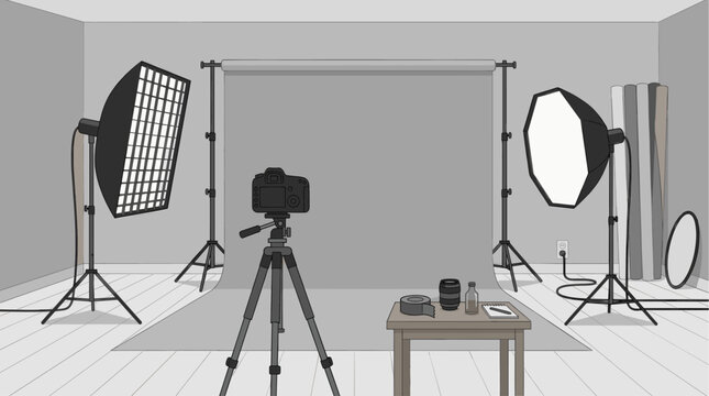 A digital illustration depicts a minimalist photography studio with studio lights, a camera on a tripod, and props on a table, ready for a shoot.
