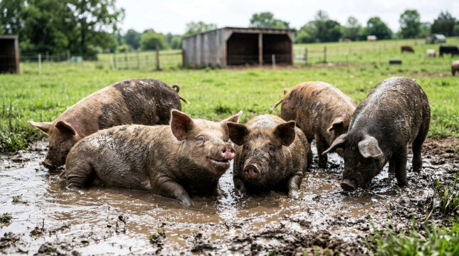 Group of free-range domestic pigs wallowing in mud puddle in clean green farm enclosure