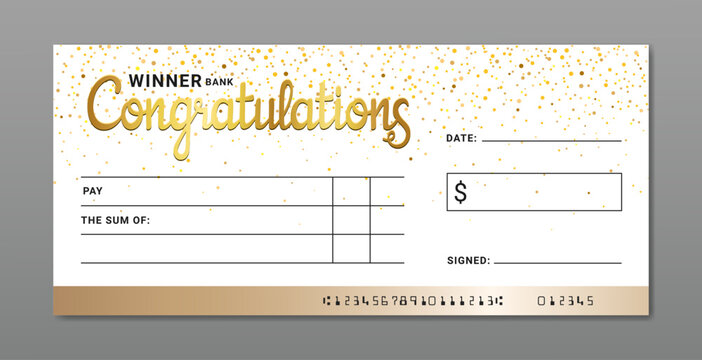 Congratulations bank check template. Winner bank cheque certificate for prize giveaway. Oversized cheque, Money gift voucher, Bank transfer token