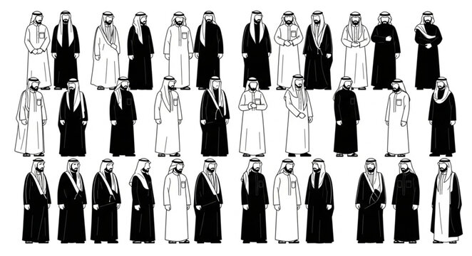 Group of men in traditional Arab clothing, black and white image.