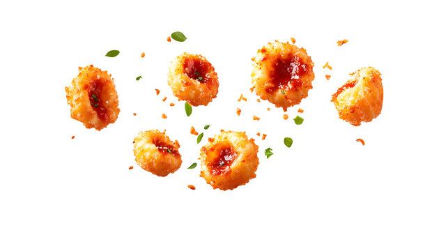 Fried shrimp donuts with parsley and chili flakes flying