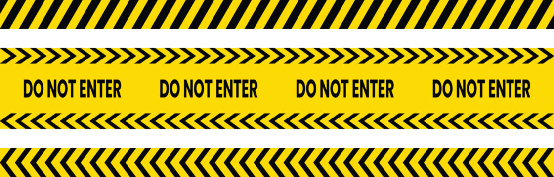 Industrial caution hazard stripes and warning yellow construction tape set on transparent background with do not enter text and black diagonal hazard safety lines.