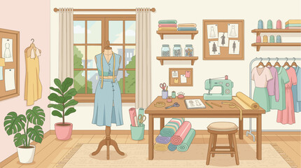 Fototapeta premium A charming and bright illustration of a sewing studio, complete with a dress form, sewing machine, fabric rolls, and colorful threads, evoking creativity and craftsmanship.