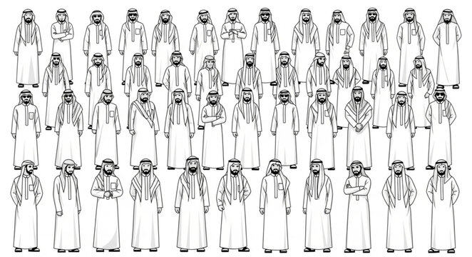 Group of men in traditional Arab clothing standing together in a line.