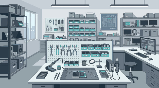 A detailed illustration of an electronics repair workshop with tools, parts, computers, and a workbench displaying a phone under repair.