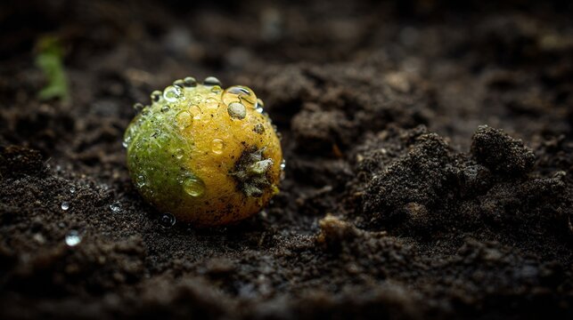 euclid. A rotting fruit on damp soil with morning light and water droplets. menu design, packaging mockups, designed for culinary blogs and recipe cards for restaurants, simplifies recipe learning.