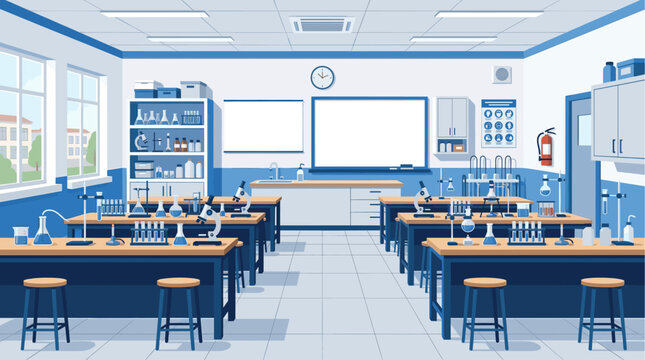 A clean, empty science laboratory classroom filled with microscopes, beakers, flasks, and Bunsen burners on wooden desks, ready for experimentation and learning.