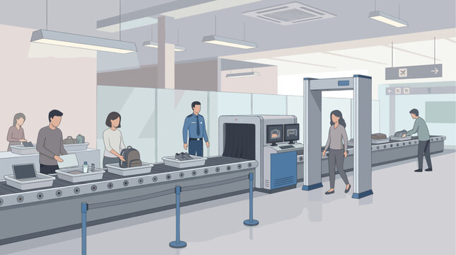 A modern airport security checkpoint with passengers and staff, conveyor belts, and X-ray machines, illustrating travel safety and procedures in a clean, stylized environment.