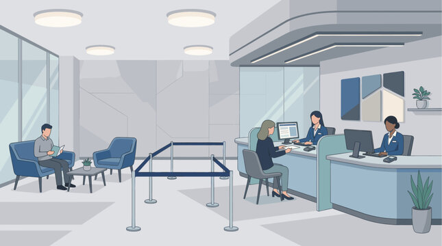 A modern bank lobby with waiting area, service counter, and customers interacting with tellers, conveying professional financial services and customer care.