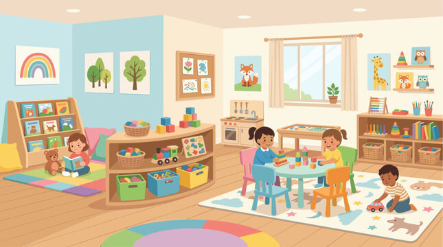 Diverse children engage in various activities like building blocks and reading in a cheerful, toy-filled kindergarten classroom with educational decor and natural light.