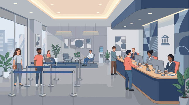 Diverse customers queue inside a modern bank lobby, interacting with smiling tellers at the counter, conveying a professional and welcoming atmosphere for financial transactions.
