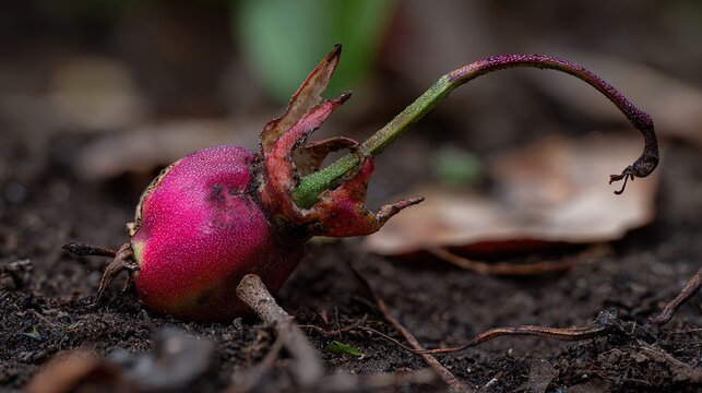 euclid. A rotting fruit on damp soil with morning light and water droplets. menu design, packaging mockups, designed for culinary blogs and recipe cards for restaurants, simplifies recipe learning.