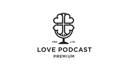 Fototapeta premium Podcast microphone logo with clover-like emblem and bold text reading Love Podcast Premium featuring audio broadcast, show identity, recording studio