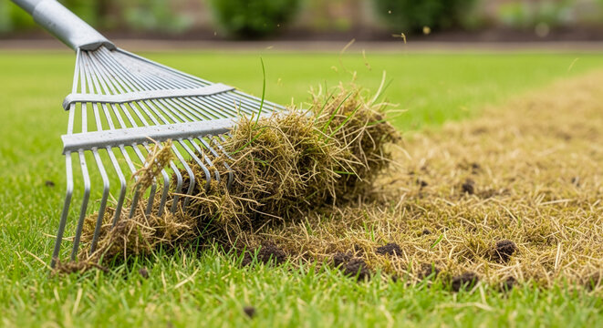 Close-up of metal rake removing thatch from lawn in garden, lawn care and maintenance