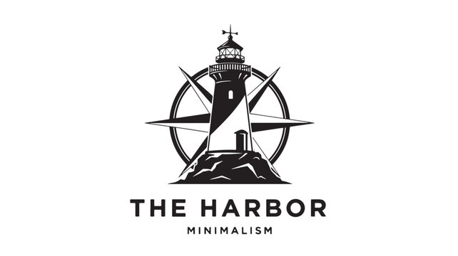 Harbor lighthouse logo with minimalist compass star lines and bold black lettering for marine navigation branding