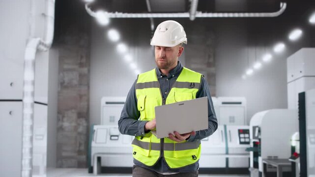 Factory Inspector Carefully Monitors Automated Production Line