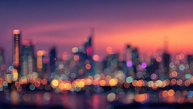 Abstract blurred city skyline at twilight with vibrant bokeh lights and sunset sky