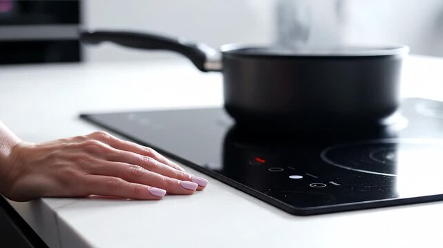 Minimalist kitchen detail of resting hand near black induction cooktop and sleek pan, clinical kitchen aesthetic.