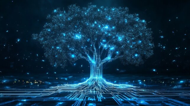 A futuristic digital tree with glowing blue lights and circuits in a dark background