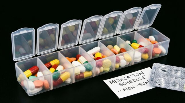 Weekly Pill Organizer Filled With Assorted Colorful Medications and Blister Pack