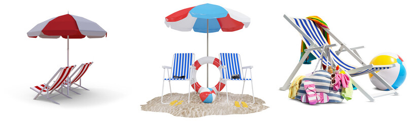 Summer beach vacation essentials: colorful umbrellas, chairs, lifebuoy, and accessories on transparent background. © Shani