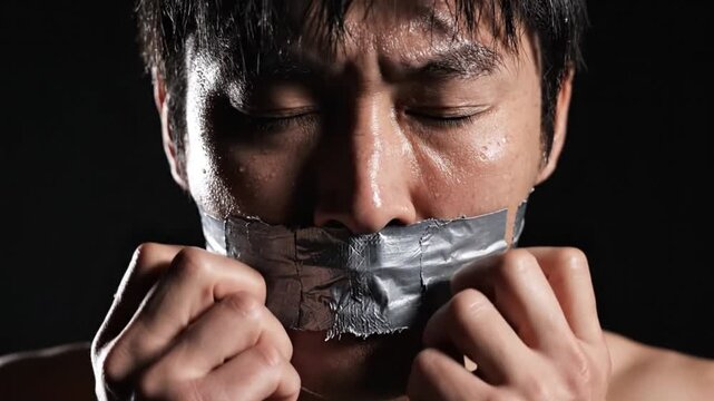 Male Portrait Black Tape Over Mouth Silence Awareness Message. 4K Video