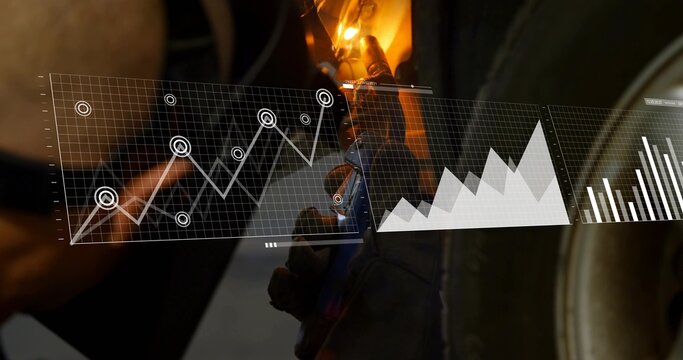Welding gloved hand heating metal near wheel in garage, showing torch flame and HUD overlays