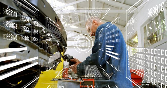 Senior technician activating diagnostic tool on vehicle, viewing AR schematic pinpointing fault