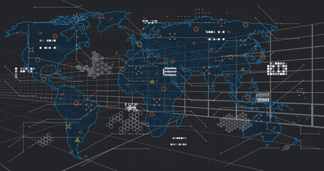 Displaying neon-blue global map over receding grid, showing hex clusters and orange node markers © vectorfusionart
